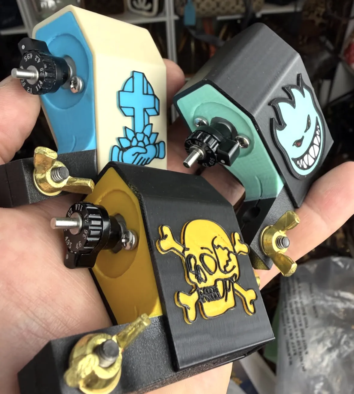 Set of custom Electric Soul Coffin Rotary tattoo machines in multiple colors